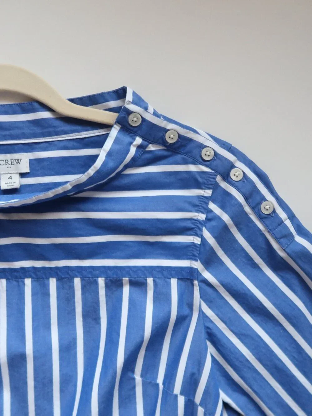 J. Crew Blue White Striped Cotton Blouse Top Button Shoulder High Low Hem 4